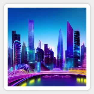 Ai Generated Art Scenery - Futuristic City Near River With Neon Lighting Sticker